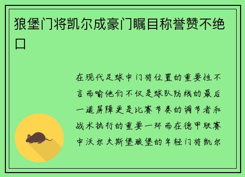 狼堡门将凯尔成豪门瞩目称誉赞不绝口